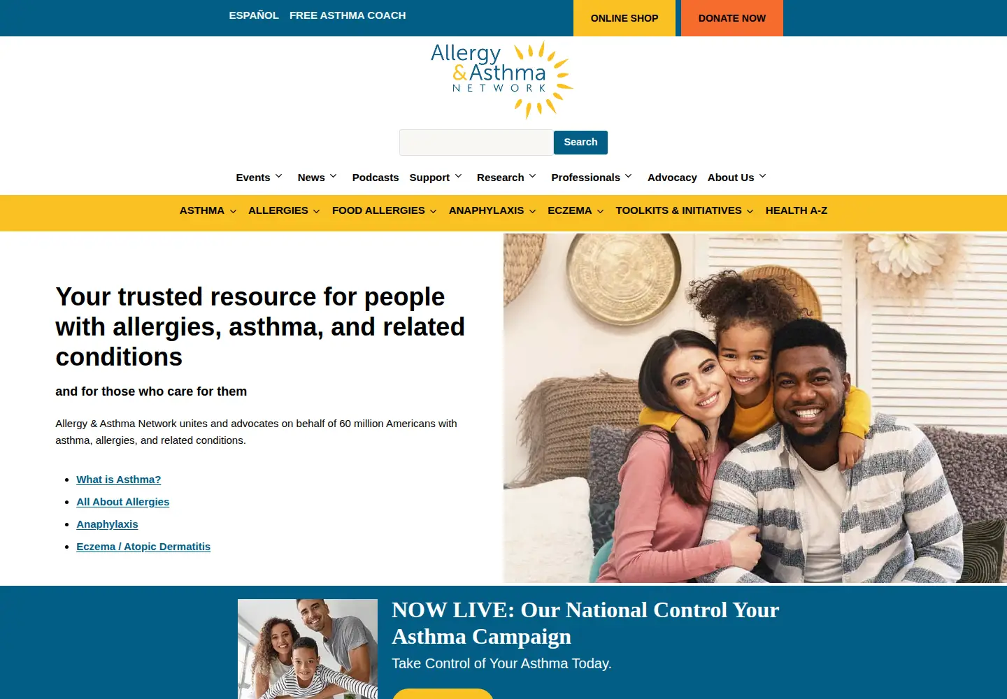 Captured homepage of allergyasthmanetwork.org in the current scan