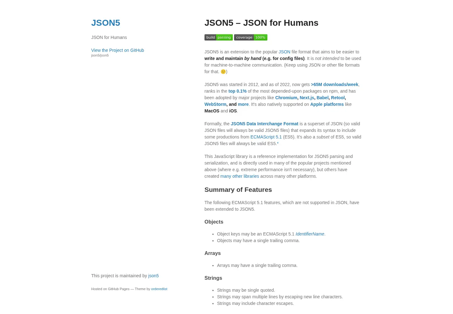Screenshot of json5.org
