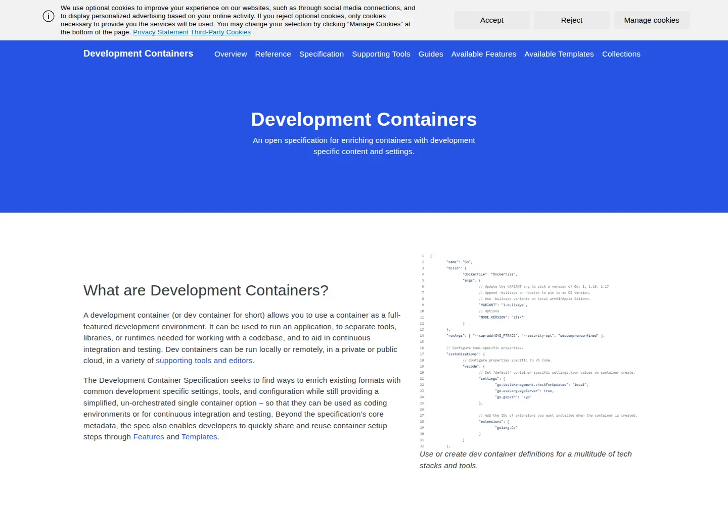 Screenshot of containers.dev