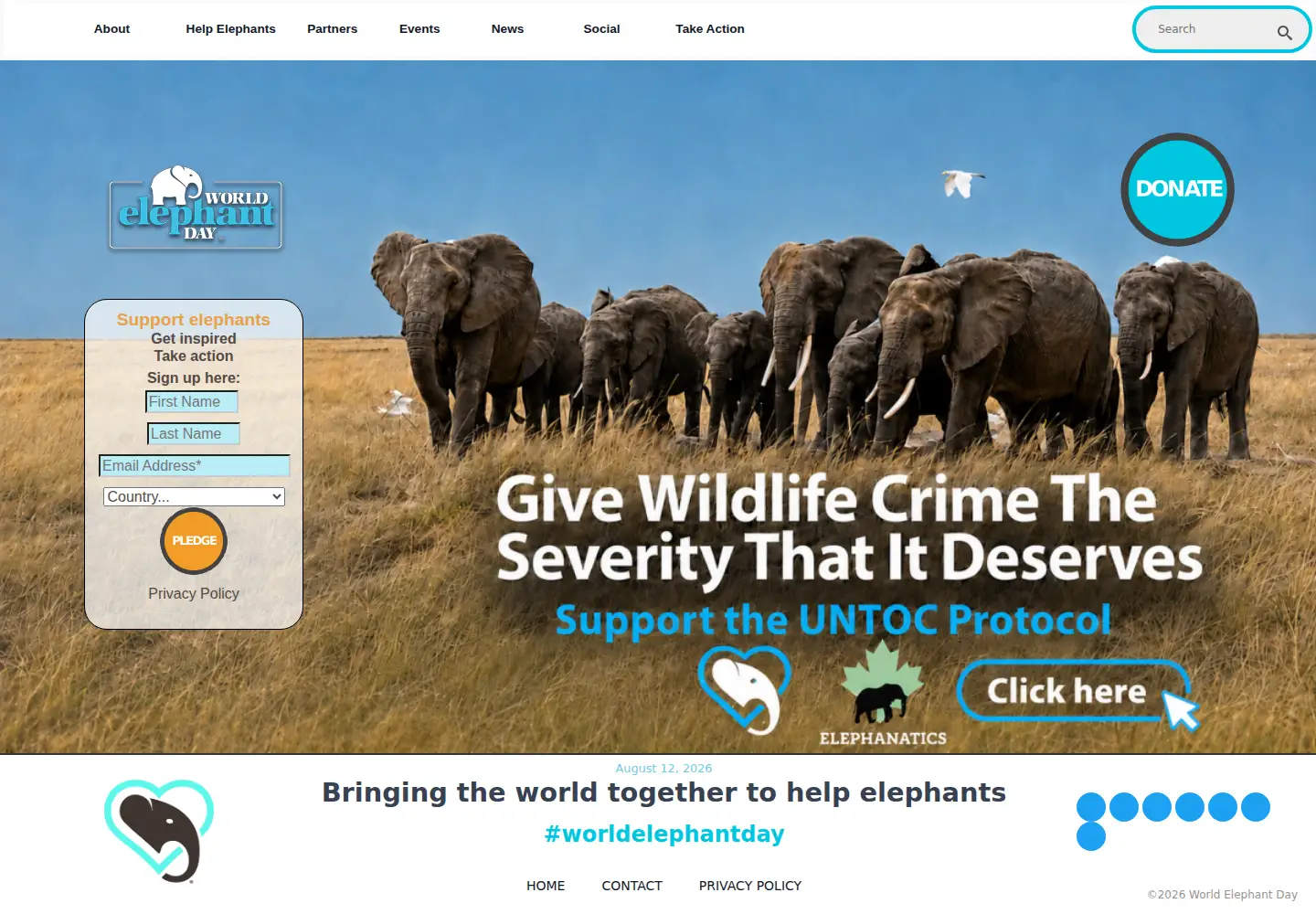 Captured homepage of worldelephantday.org in the current scan