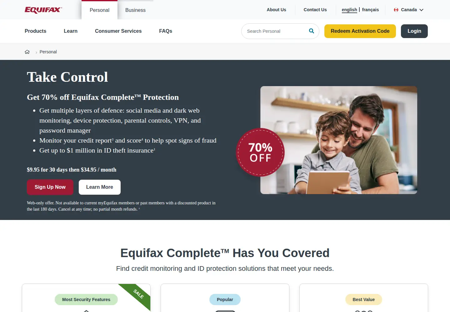 Captured homepage of equifax.ca in the current scan
