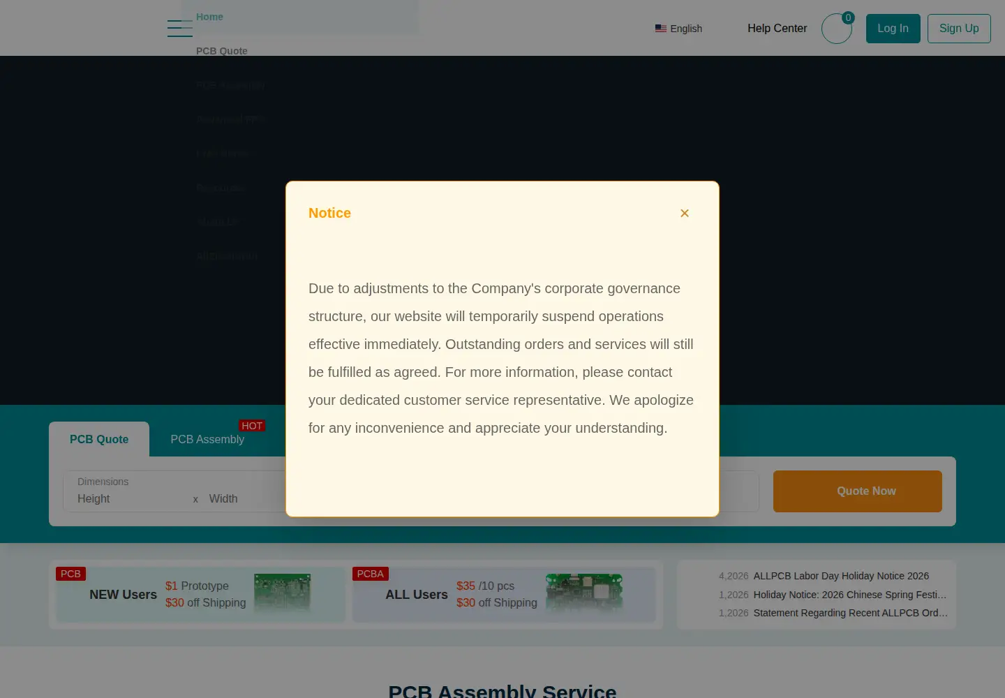 Screenshot of allpcb.com