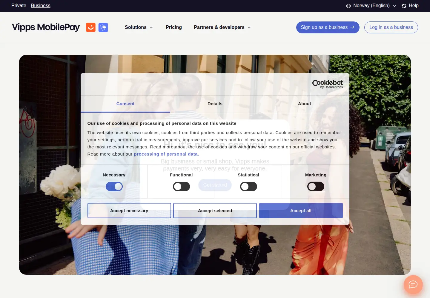 Screenshot of vippsmobilepay.com