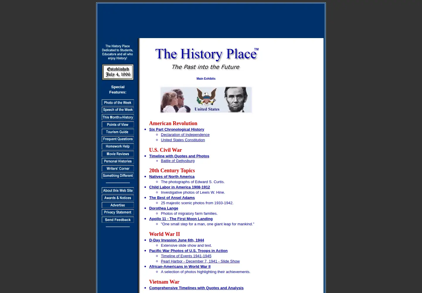 Captured homepage of historyplace.com in the current scan