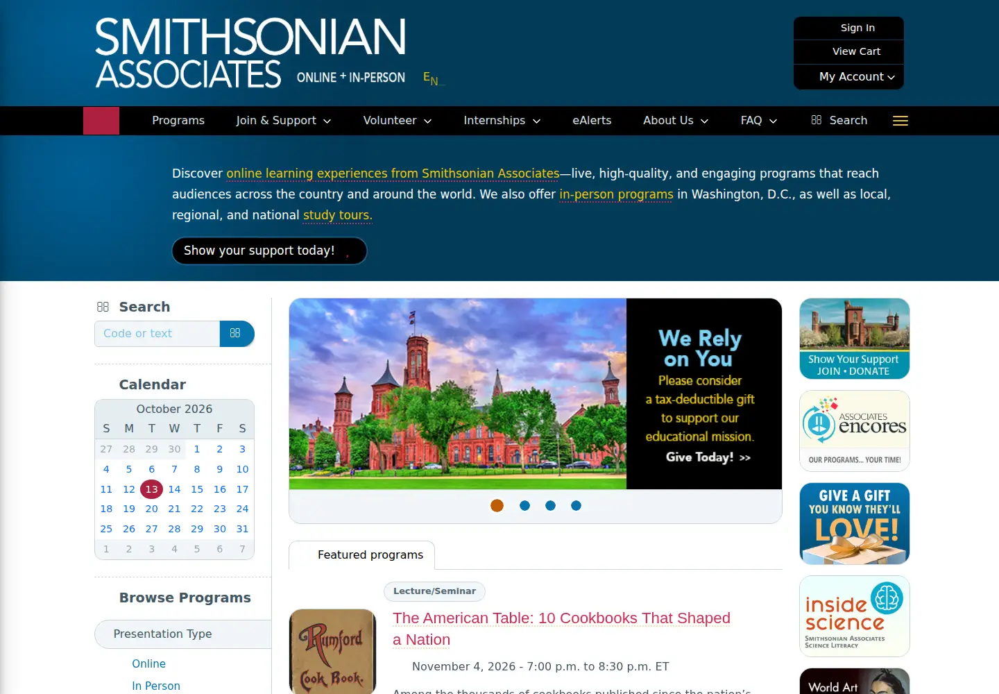 Screenshot of smithsonianassociates.org