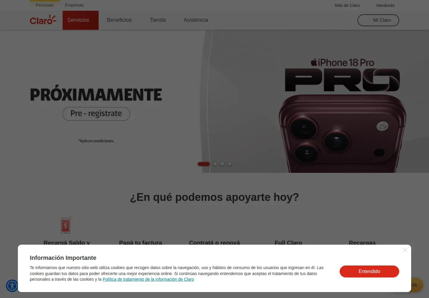 Screenshot of claro.com.hn