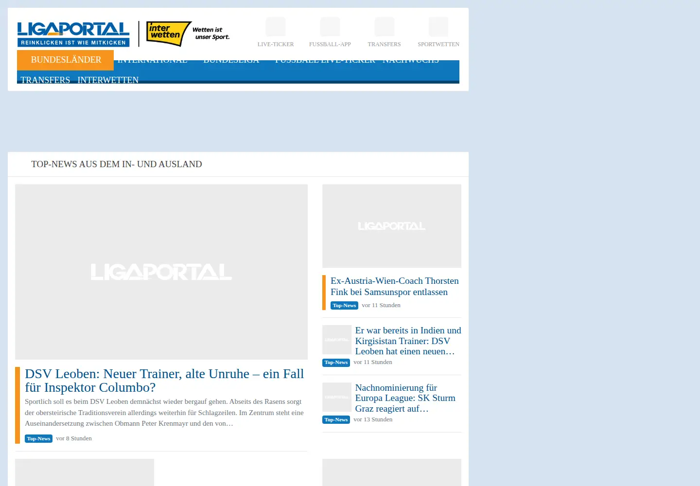 Captured homepage of ligaportal.at in the current scan