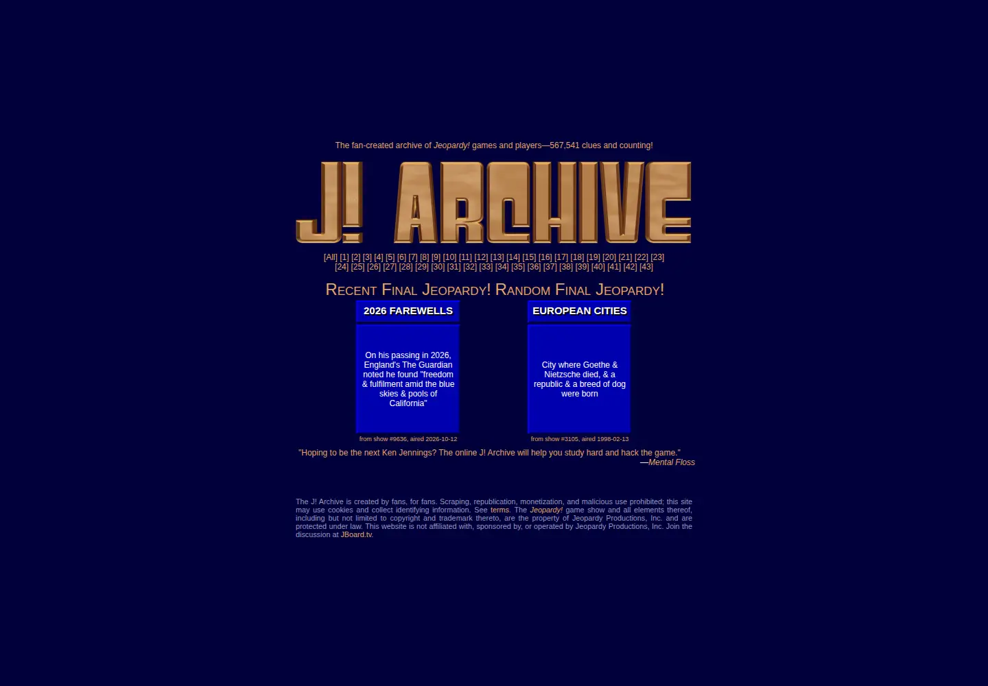 Captured homepage of j-archive.com in the current scan