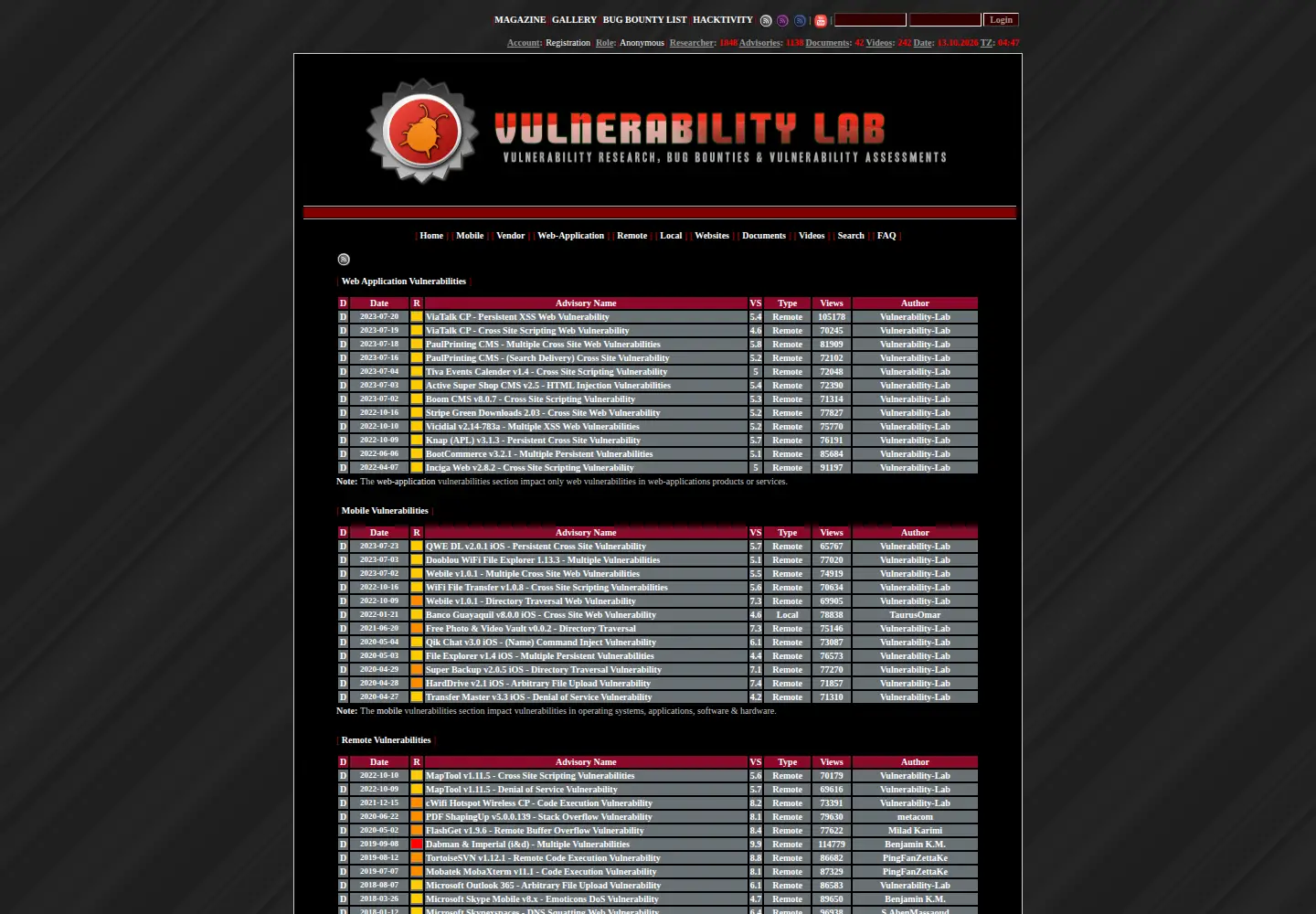 Captured homepage of vulnerability-lab.com in the current scan