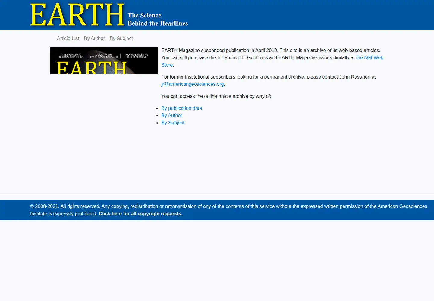 Captured homepage of earthmagazine.org in the current scan