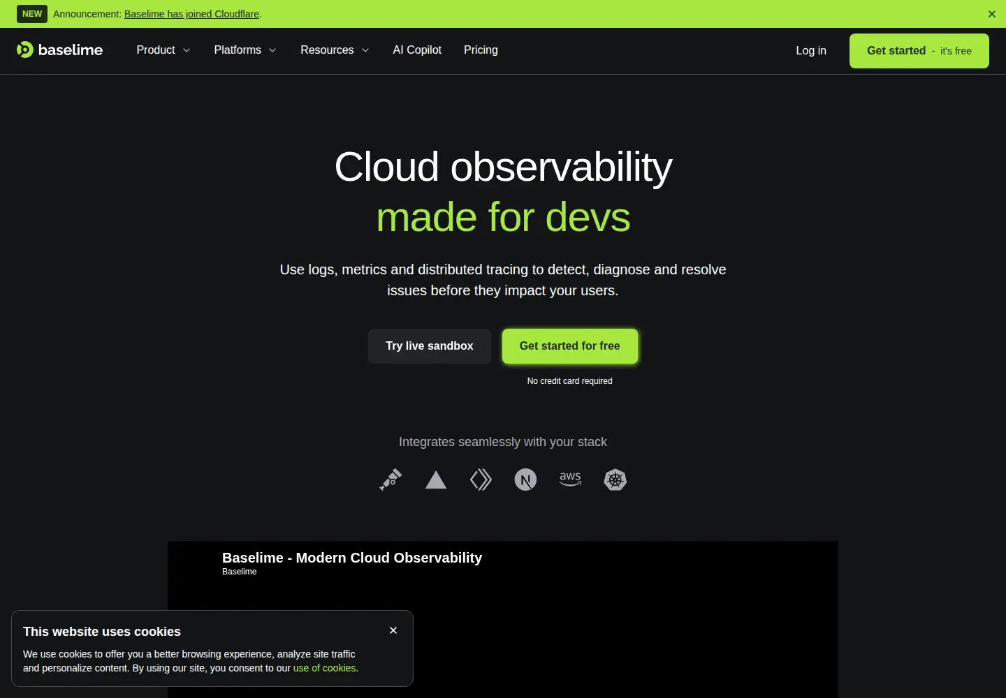 Captured homepage of baselime.io in the current scan