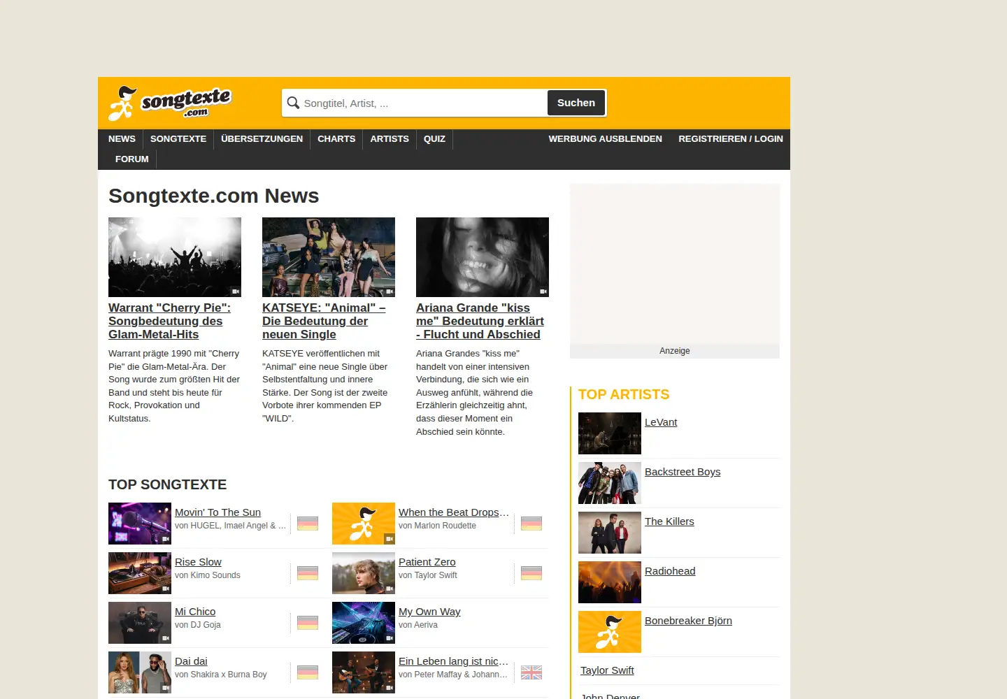 Captured homepage of songtexte.com in the current scan