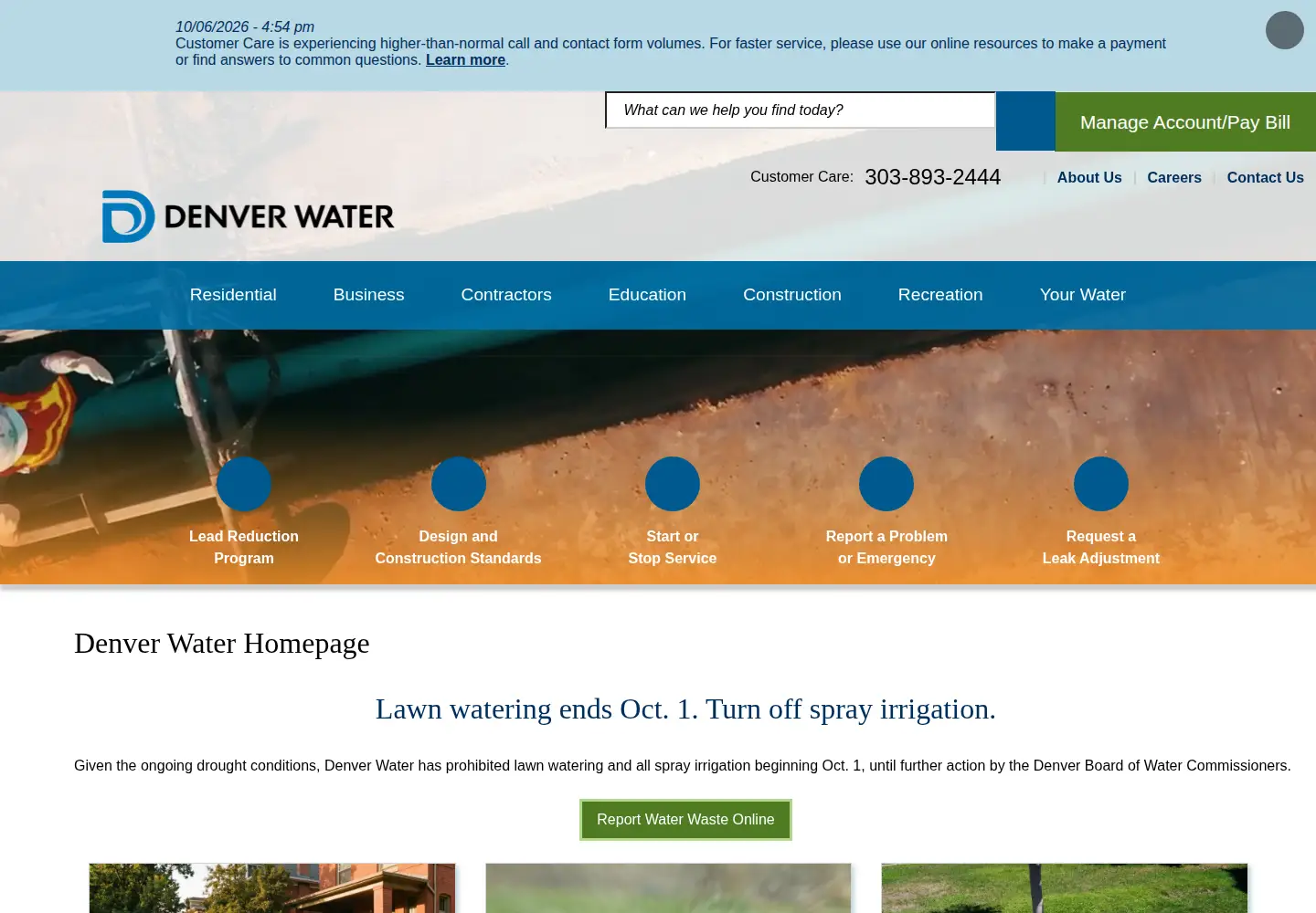 Captured homepage of denverwater.org in the current scan
