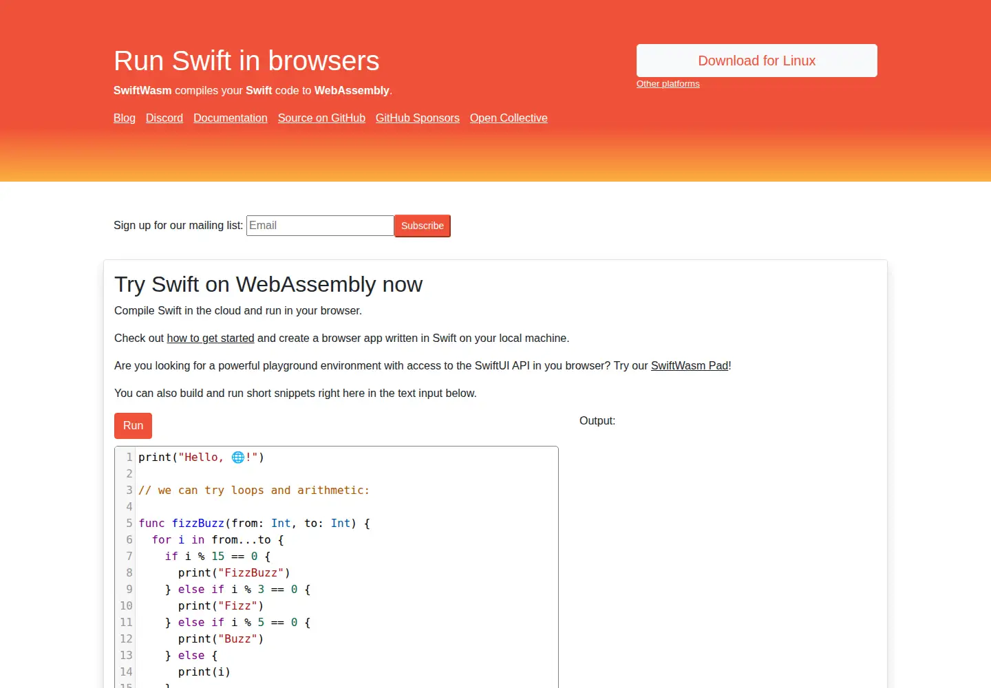 Screenshot of swiftwasm.org