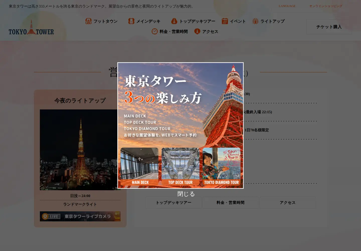 Screenshot of tokyotower.co.jp