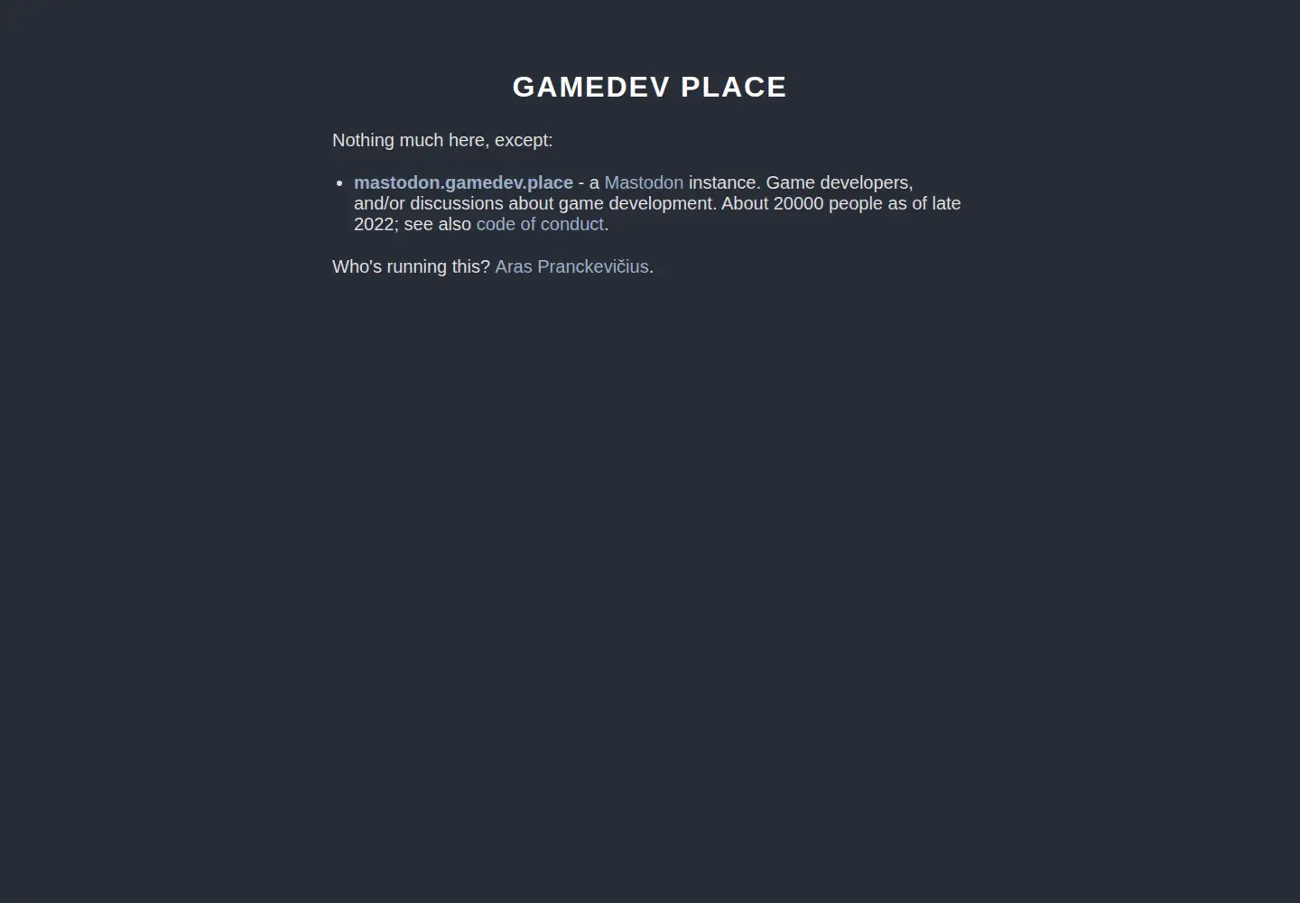 Captured homepage of gamedev.place in the current scan
