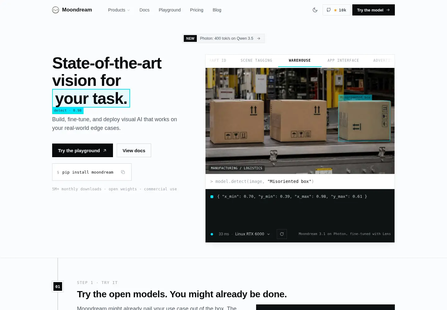 Screenshot of moondream.ai