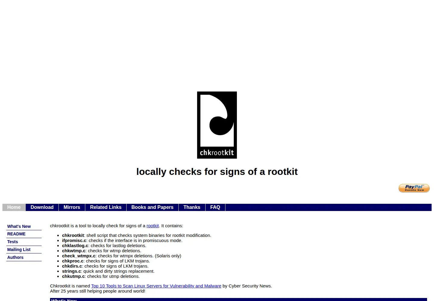 Captured homepage of chkrootkit.org in the current scan