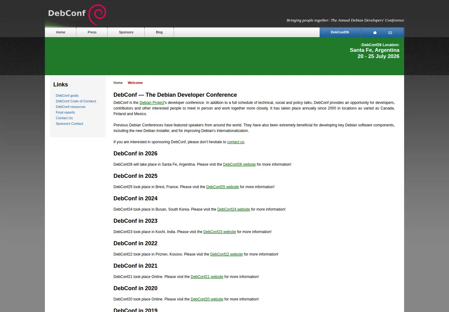 Screenshot of debconf.org