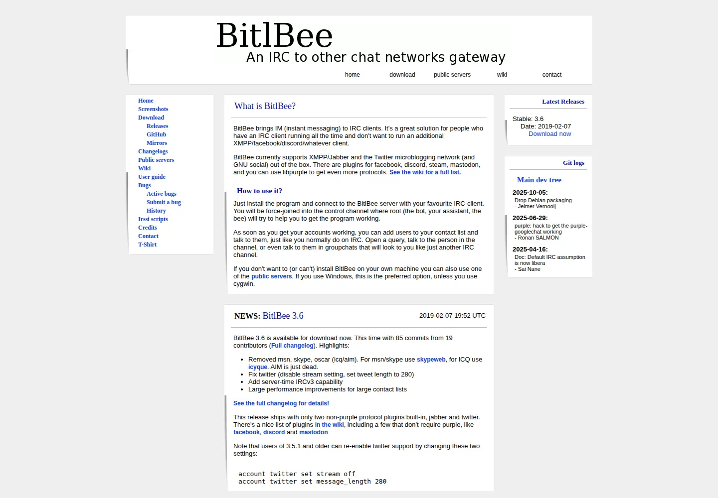 Captured homepage of bitlbee.org in the current scan