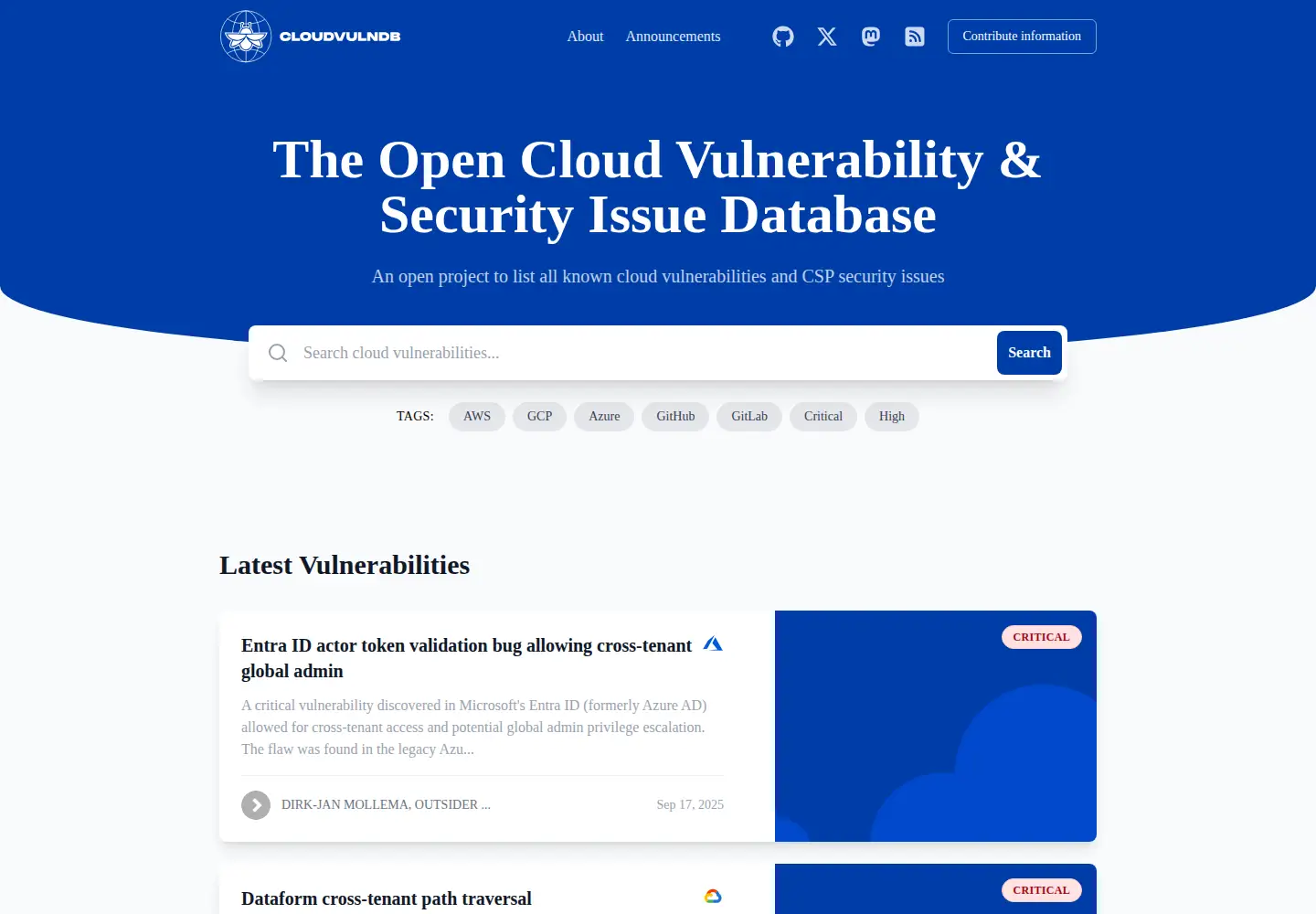 Screenshot of cloudvulndb.org