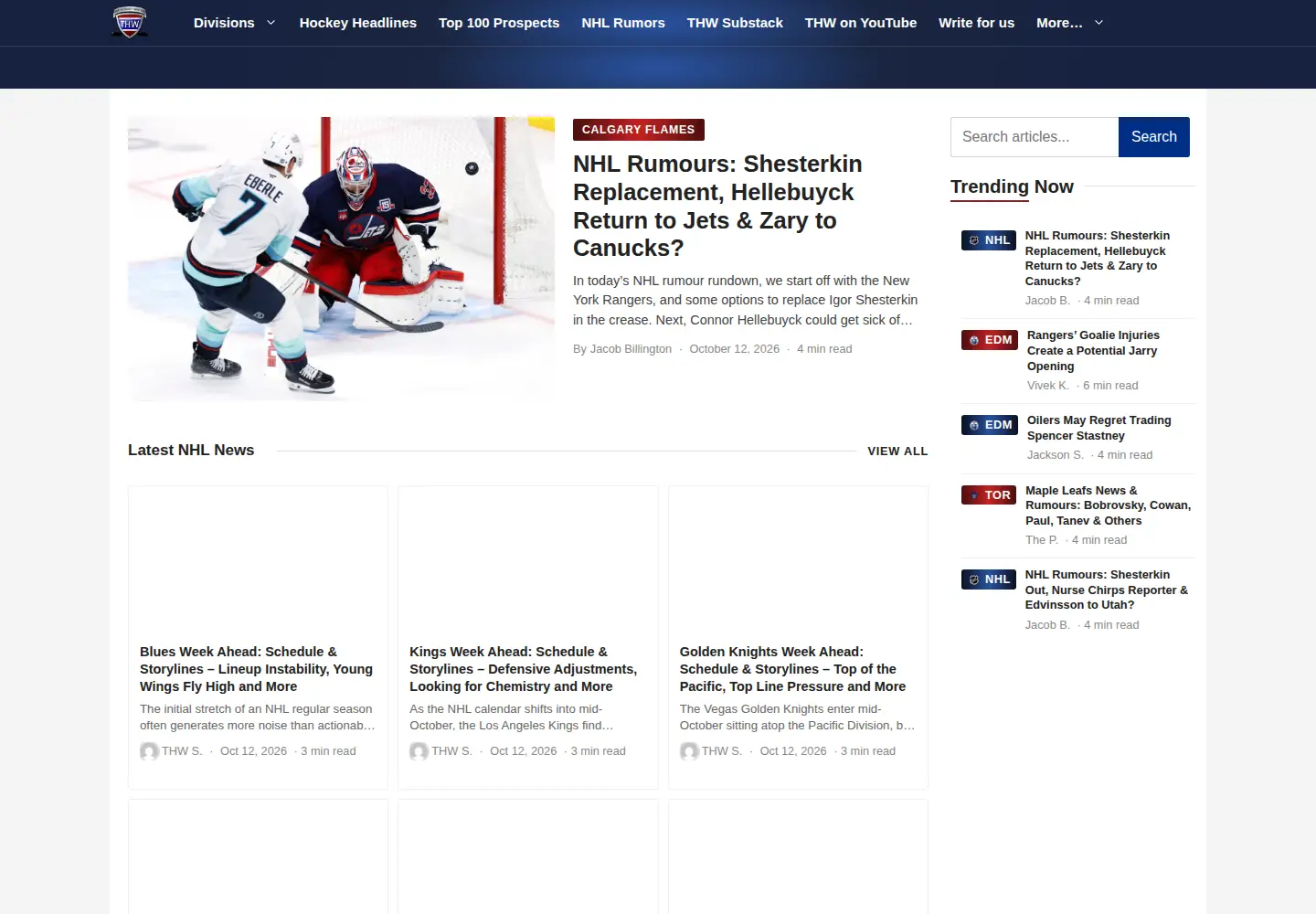 Captured homepage of thehockeywriters.com in the current scan