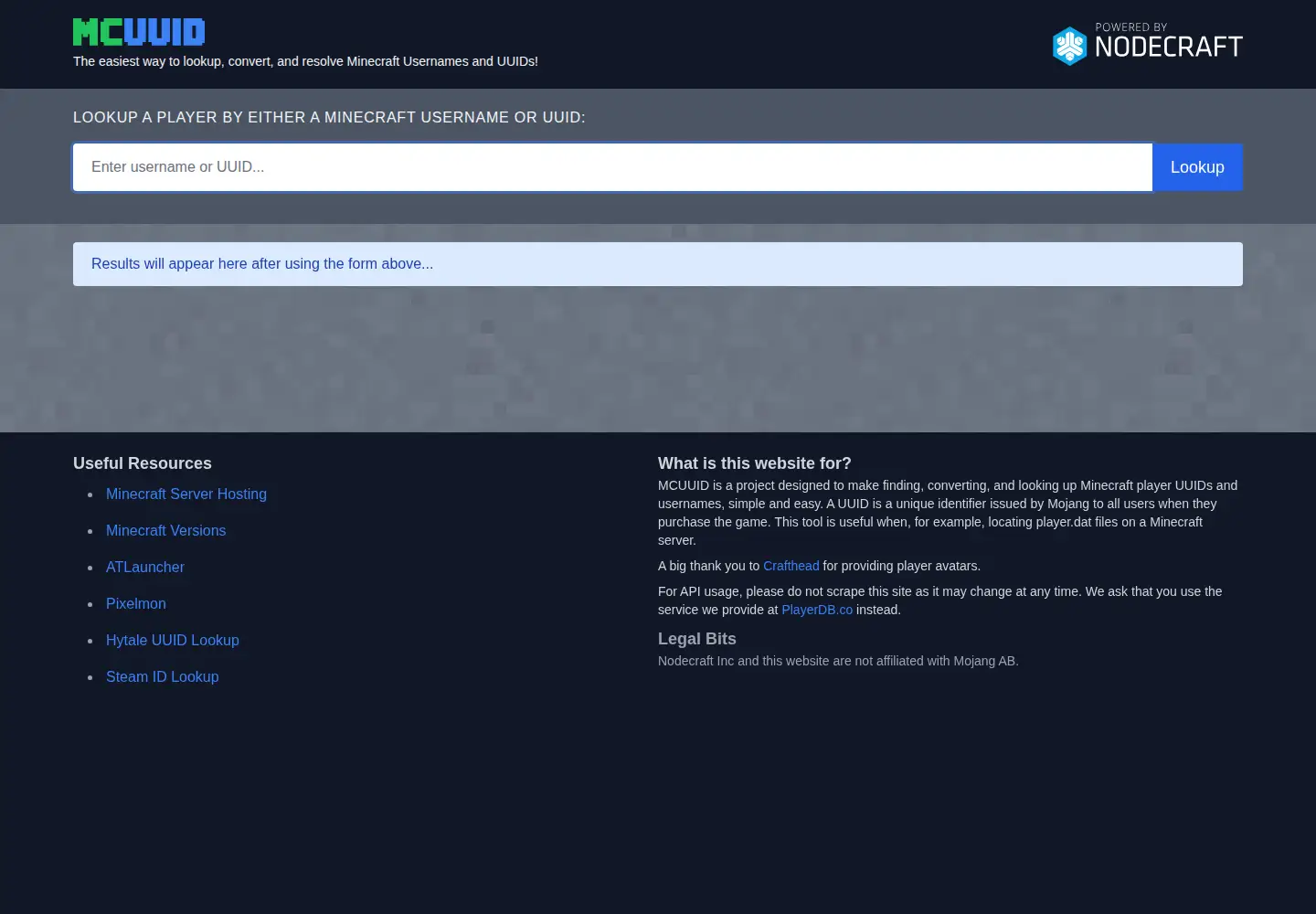 Captured homepage of mcuuid.net in the current scan