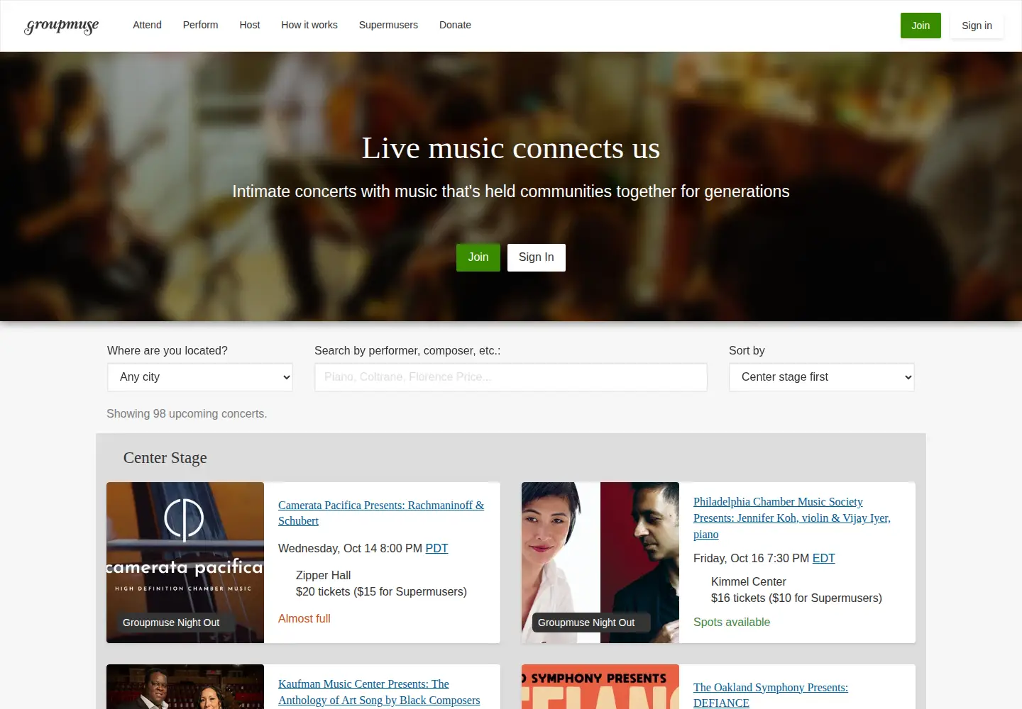 Captured homepage of groupmuse.com in the current scan