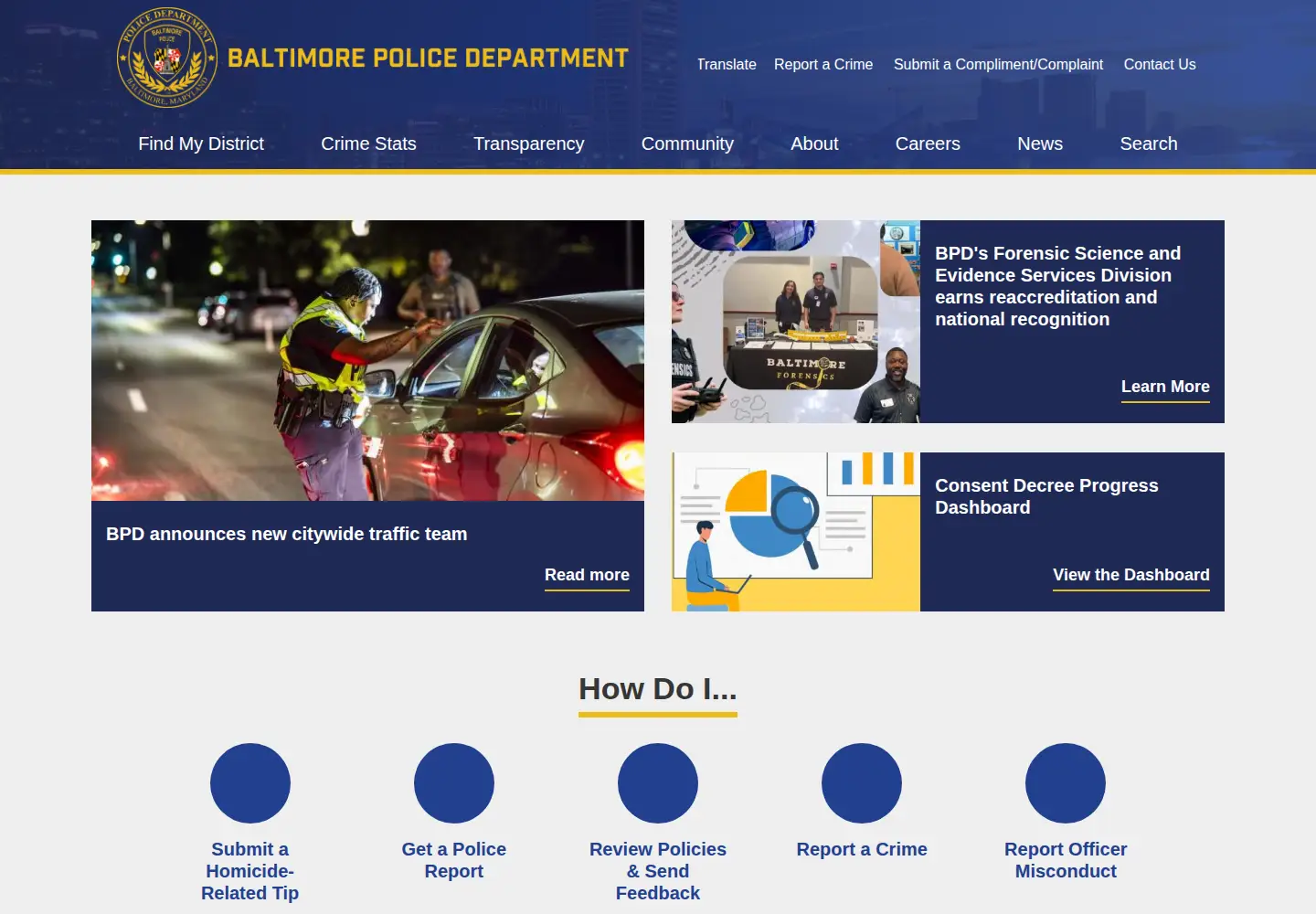 Captured homepage of baltimorepolice.org in the current scan