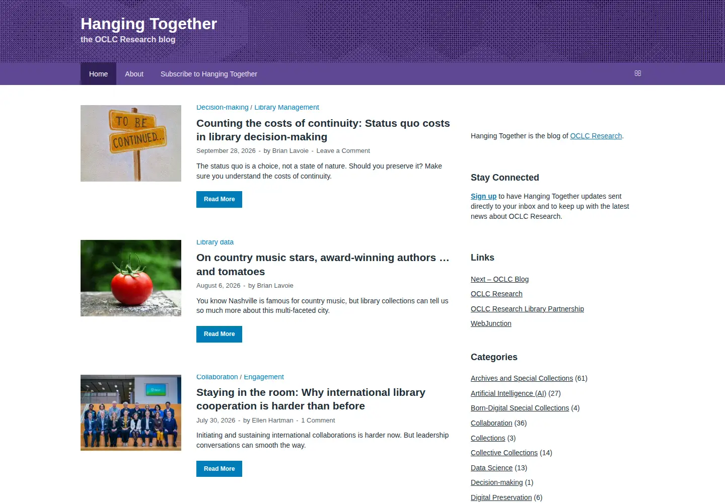 Captured homepage of hangingtogether.org in the current scan
