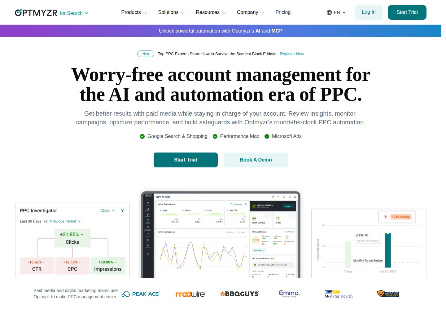 Captured homepage of optmyzr.com in the current scan