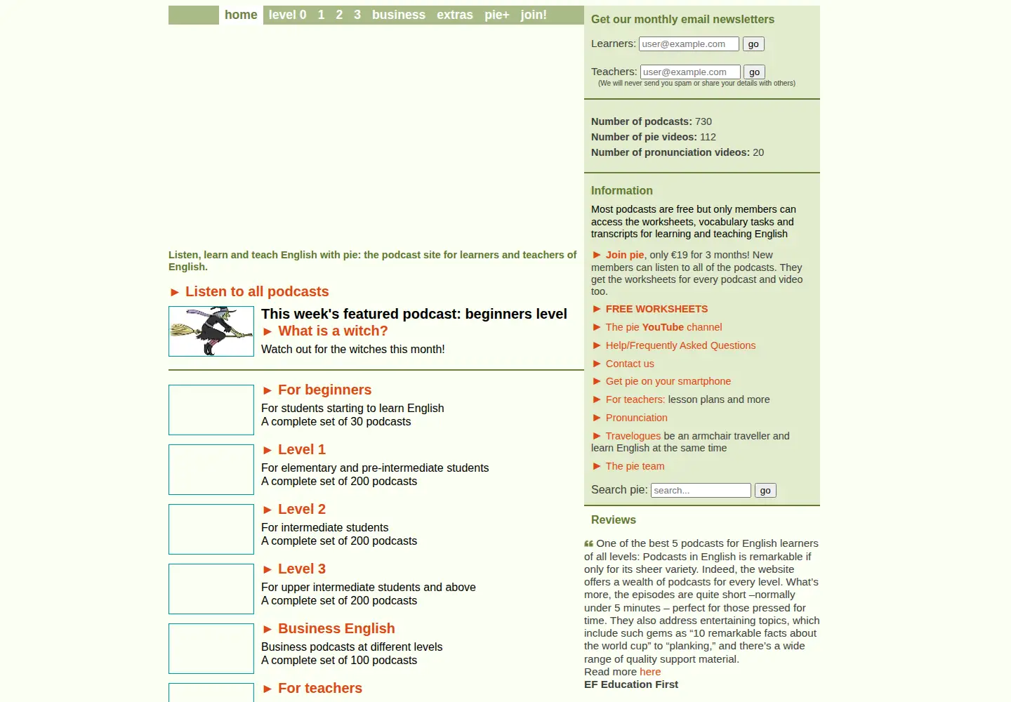 Captured homepage of podcastsinenglish.com in the current scan