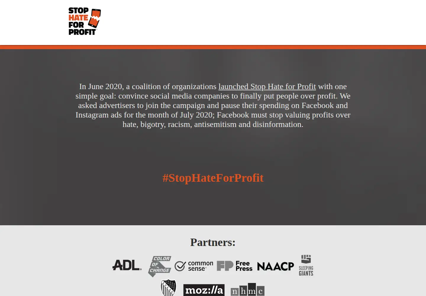 Captured homepage of stophateforprofit.org in the current scan