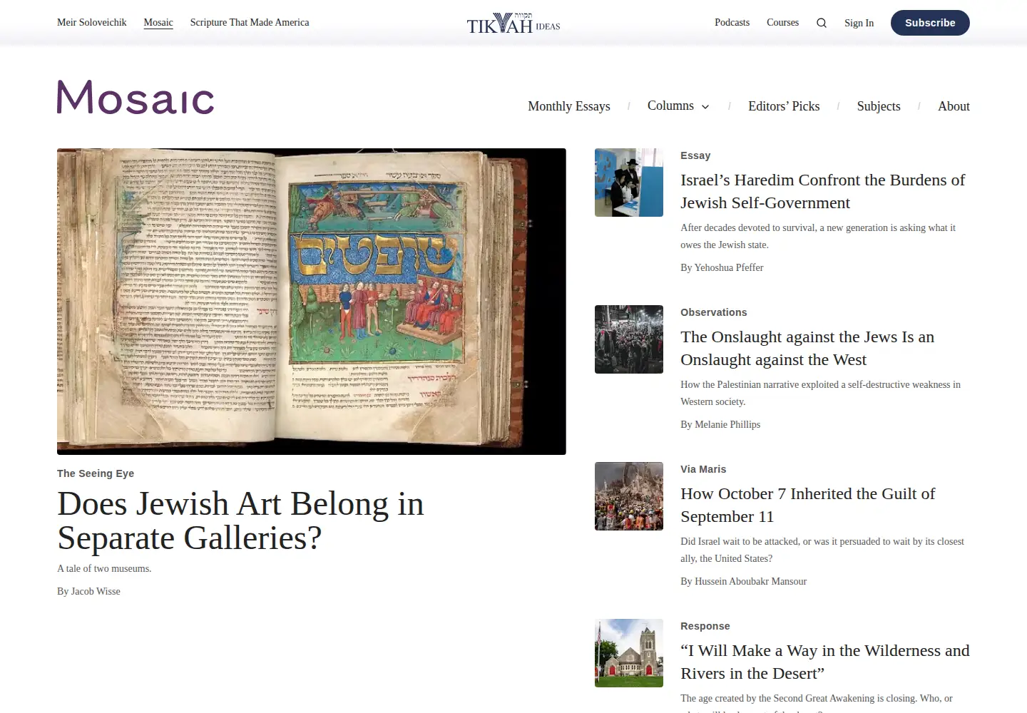 Captured homepage of mosaicmagazine.com in the current scan