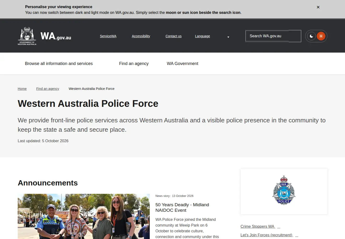 Screenshot of police.wa.gov.au