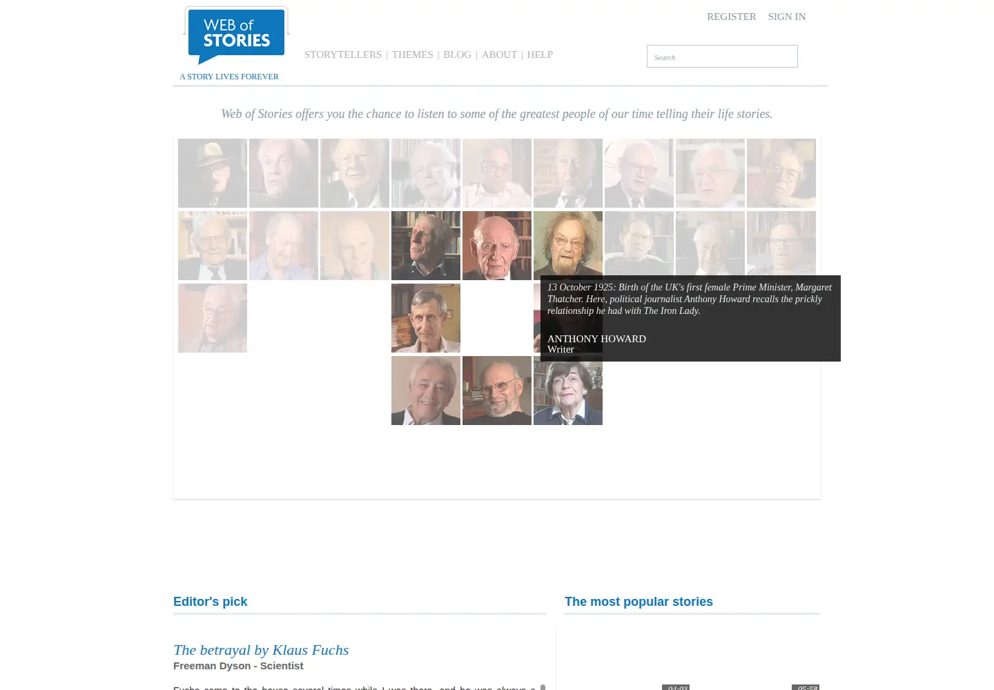 Captured homepage of webofstories.com in the current scan