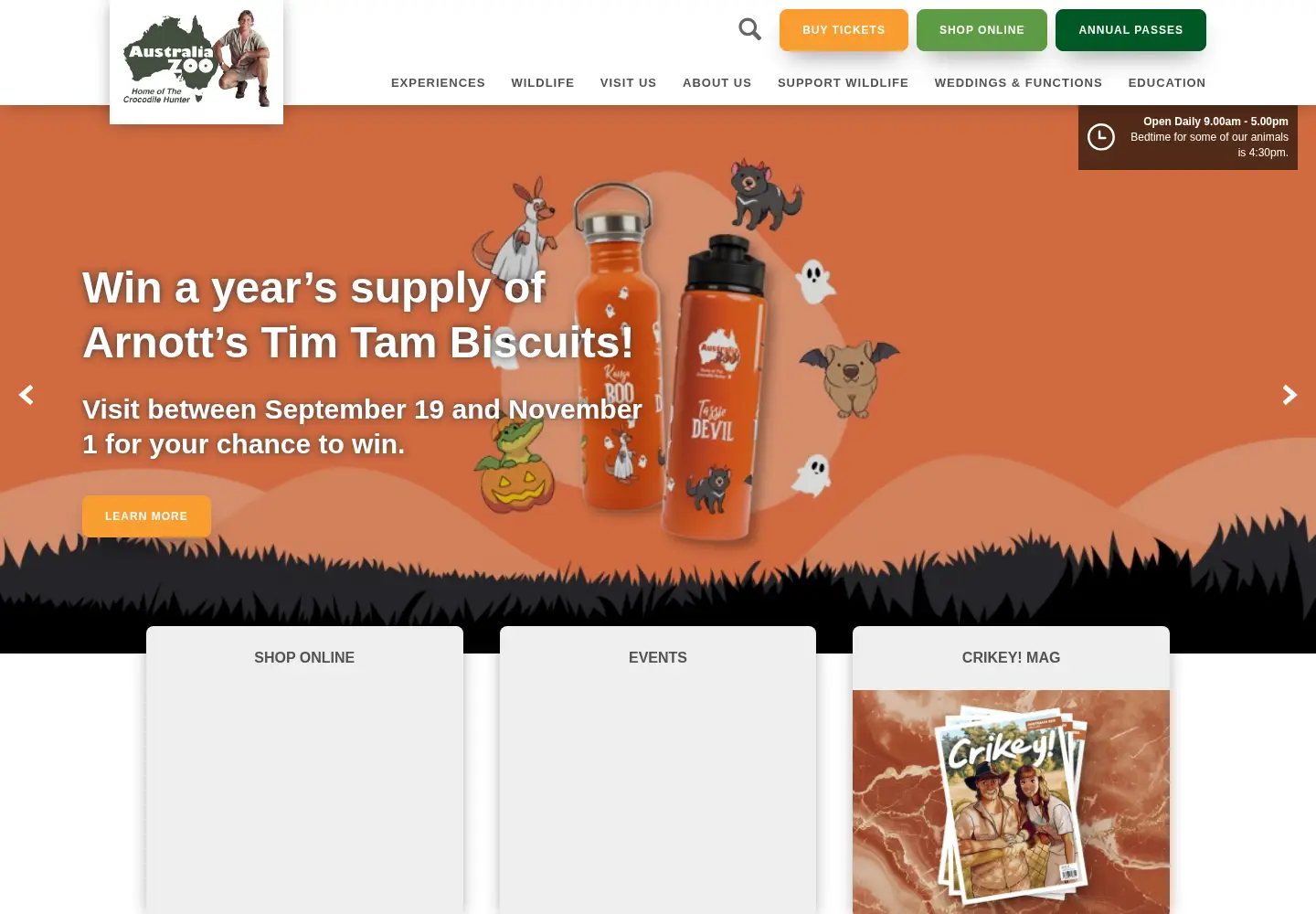 Captured homepage of australiazoo.com.au in the current scan