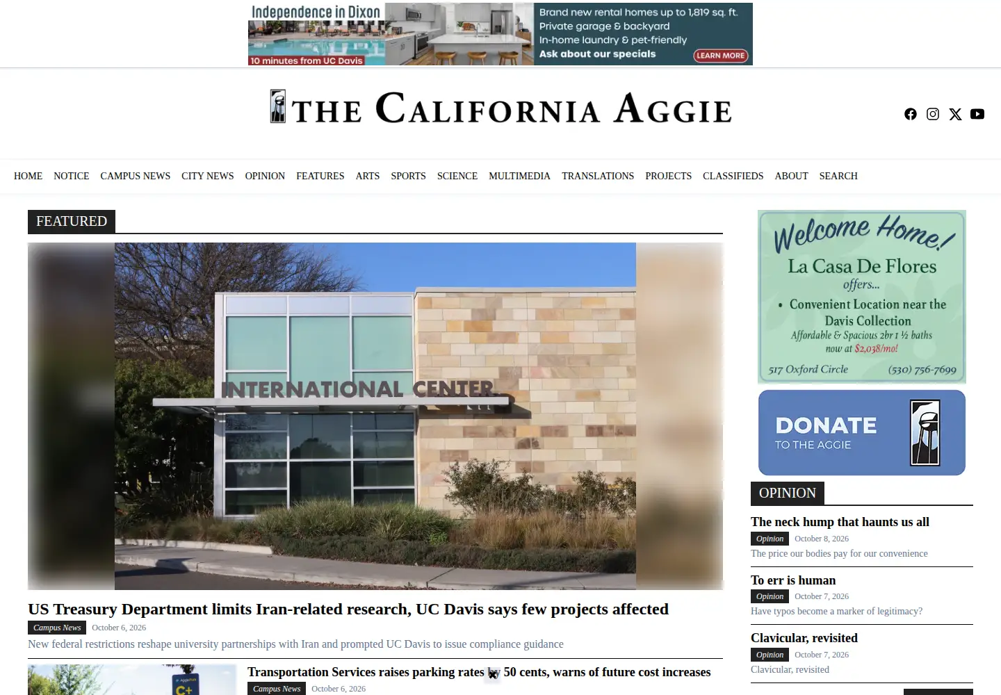 Captured homepage of theaggie.org in the current scan