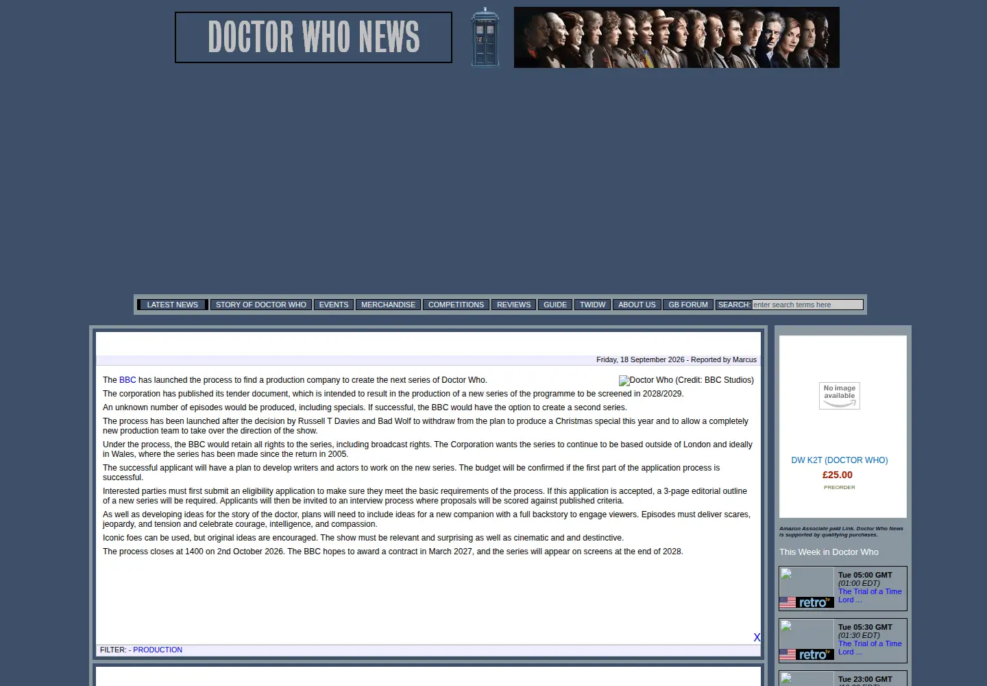 Captured homepage of doctorwhonews.net in the current scan
