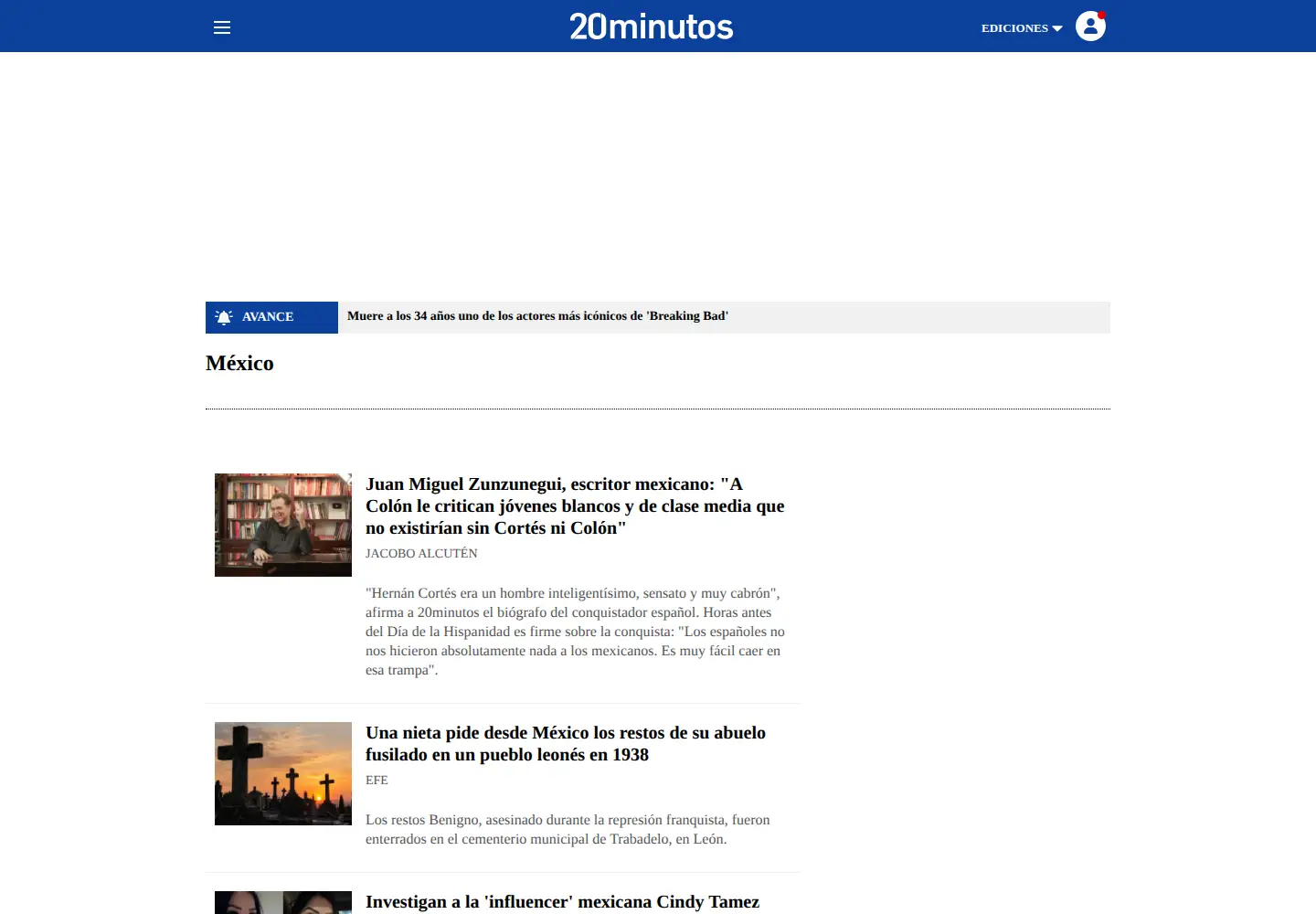Captured homepage of 20minutos.com.mx in the current scan