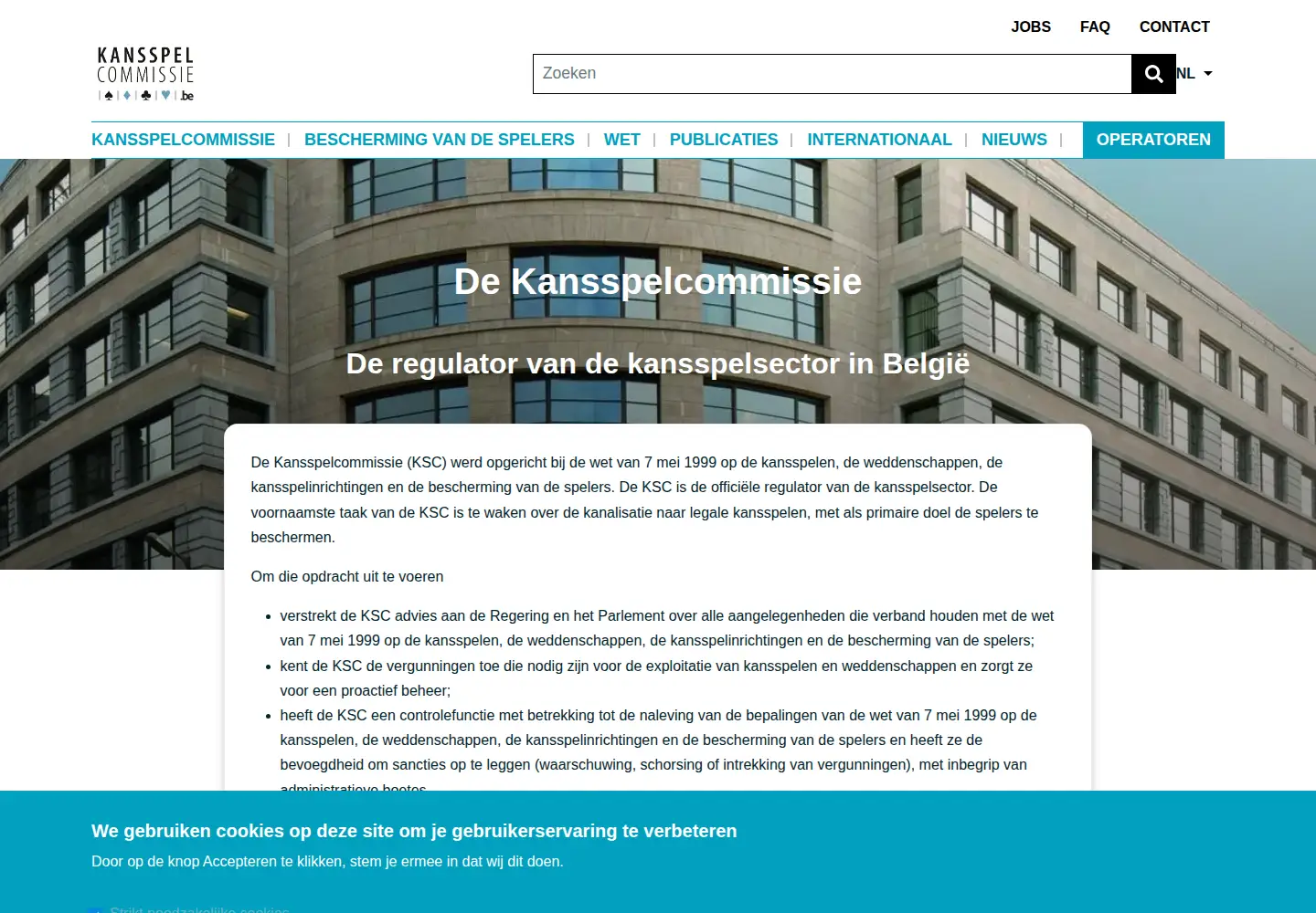 Captured homepage of gamingcommission.be in the current scan