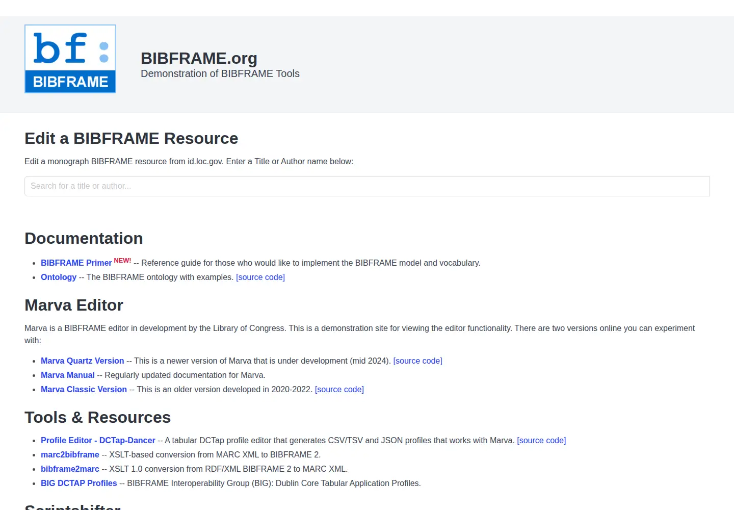 Captured homepage of bibframe.org in the current scan