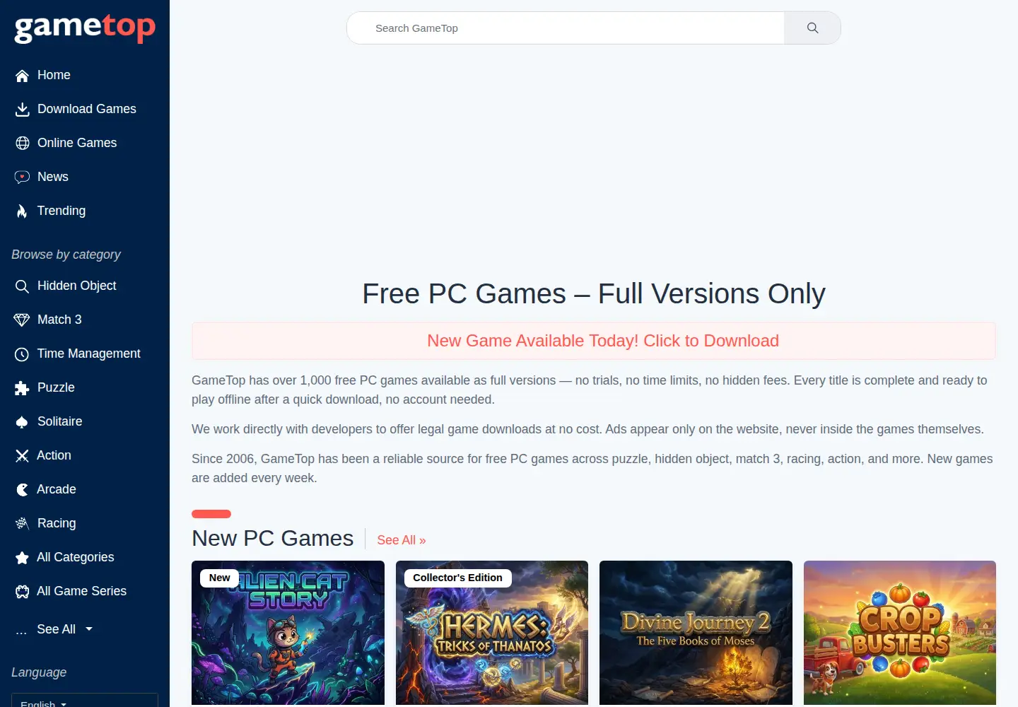 Captured homepage of gametop.com in the current scan