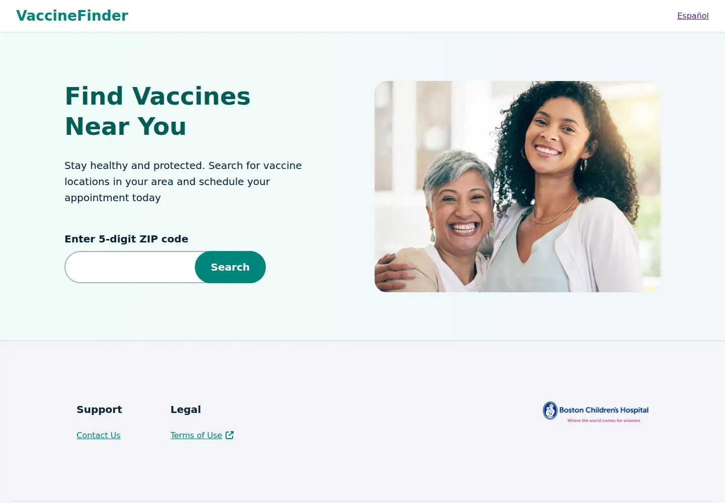 Captured homepage of vaccinefinder.org in the current scan