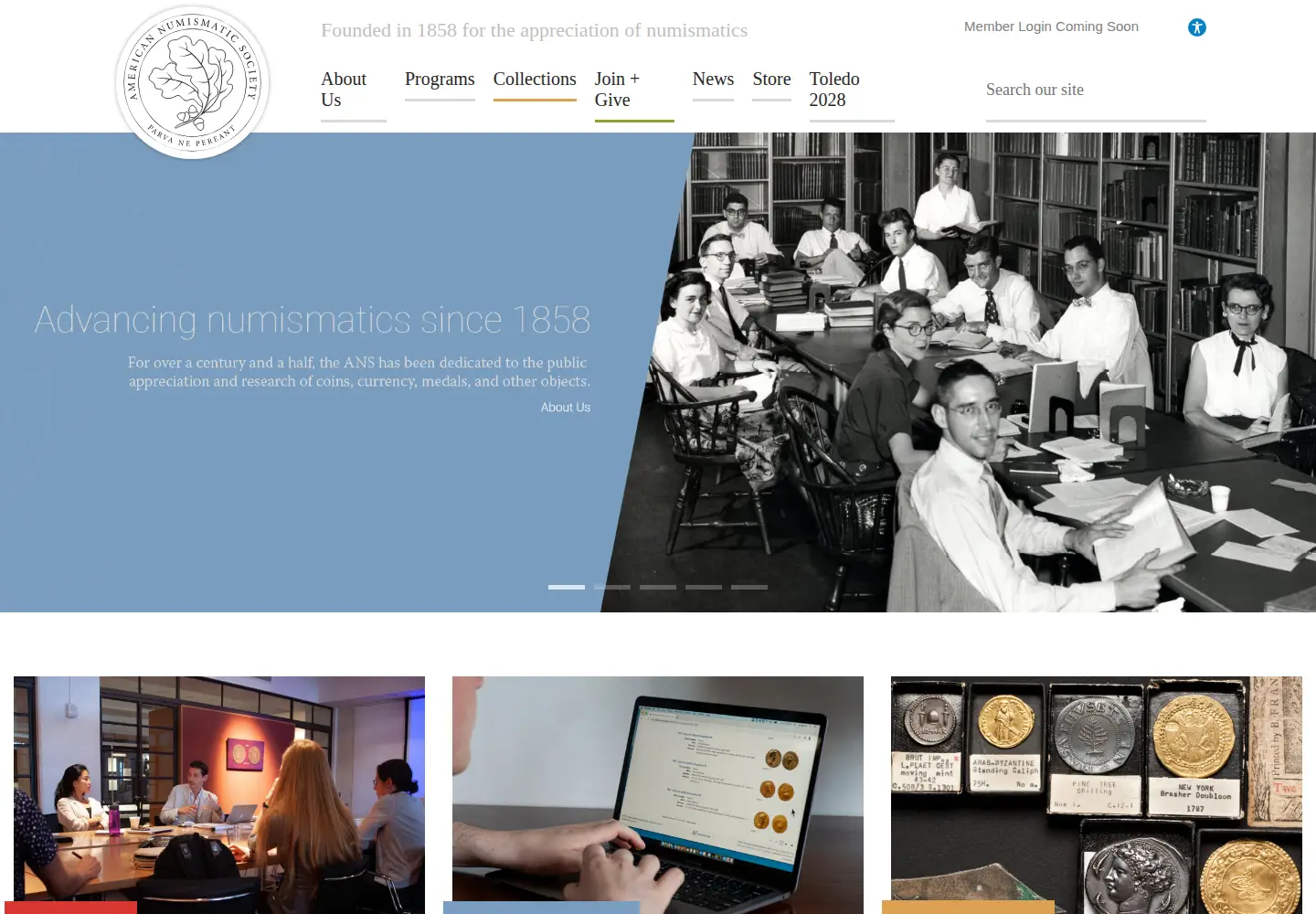 Screenshot of numismatics.org