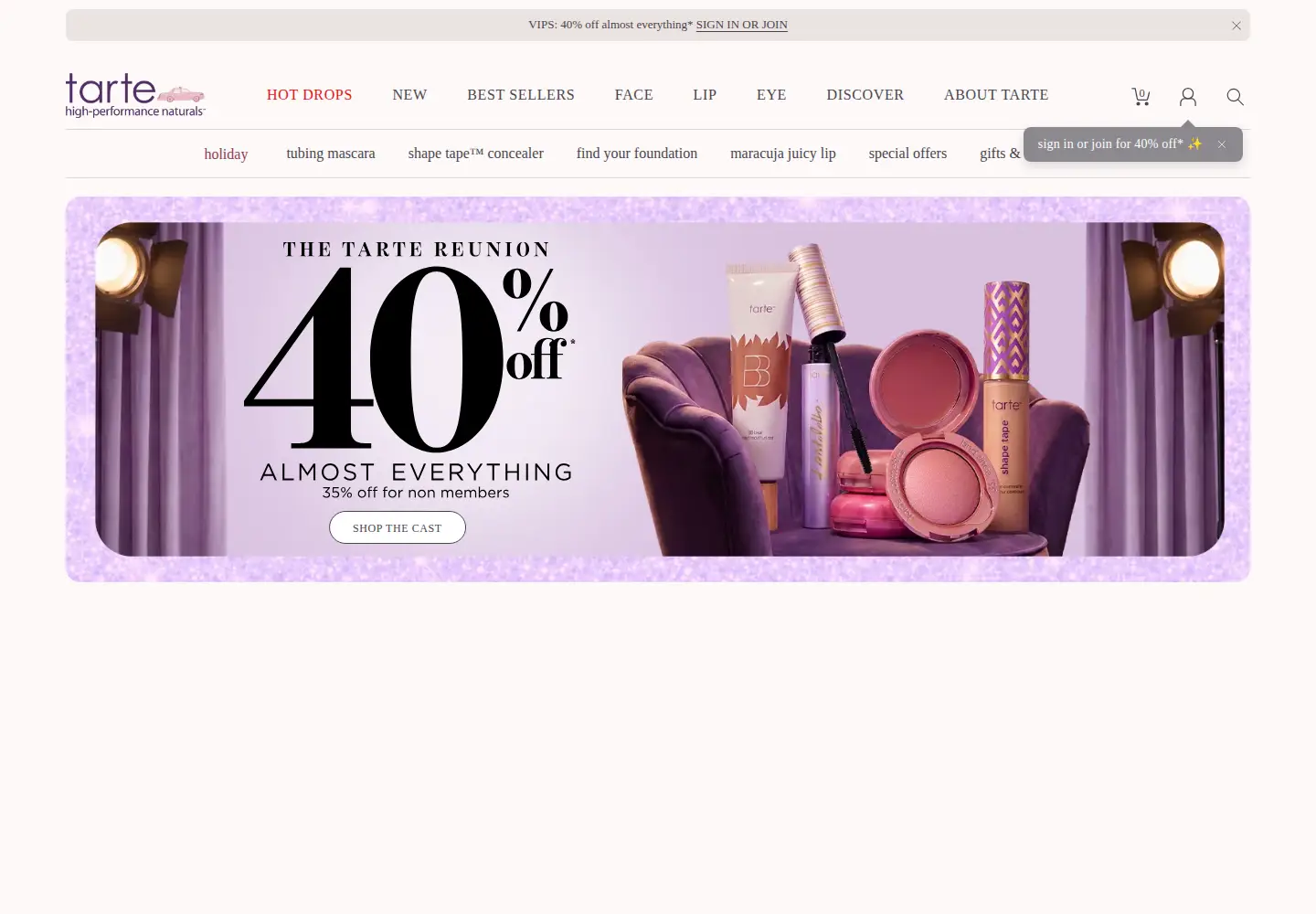 Captured homepage of tartecosmetics.com in the current scan