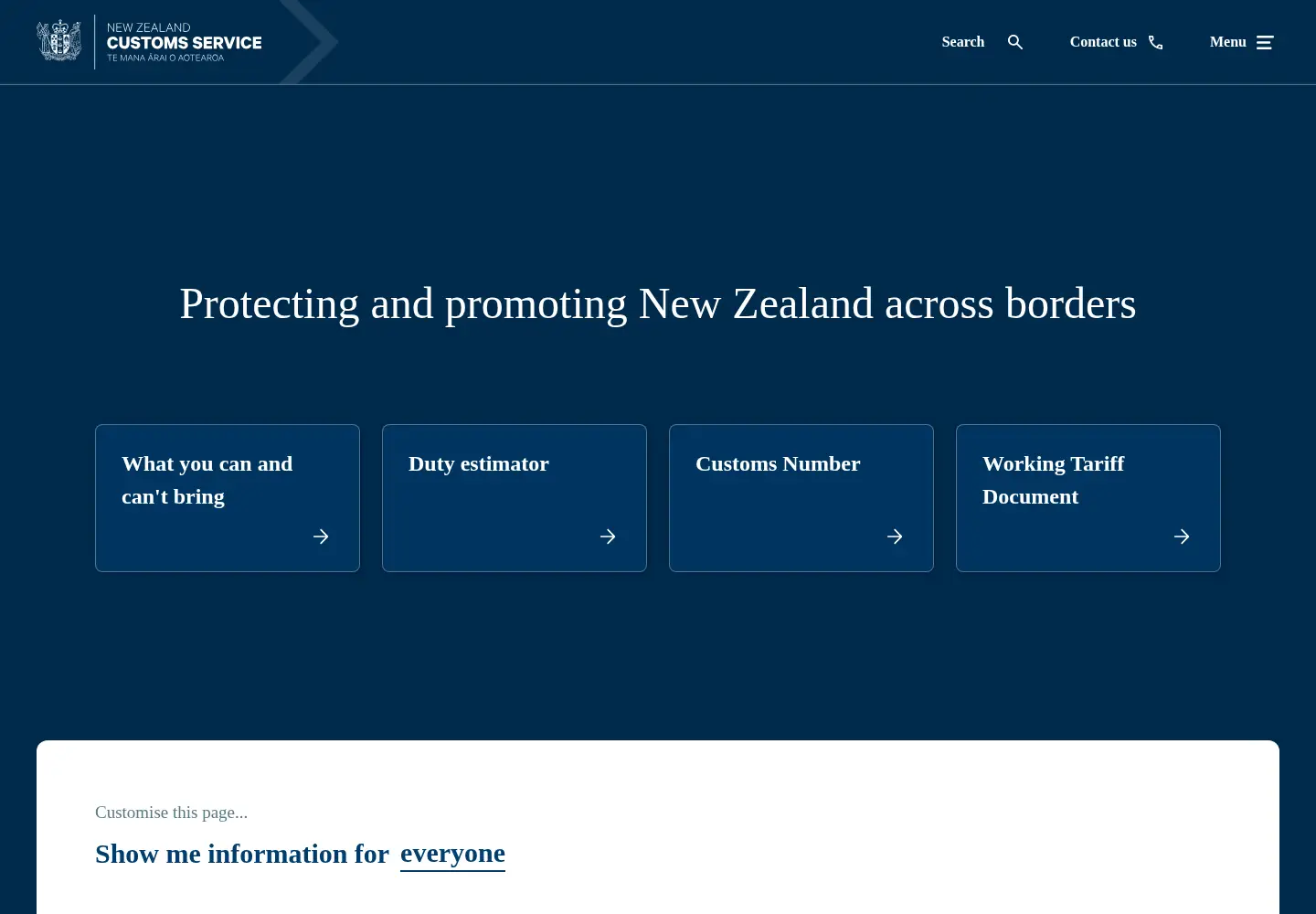 Screenshot of customs.govt.nz