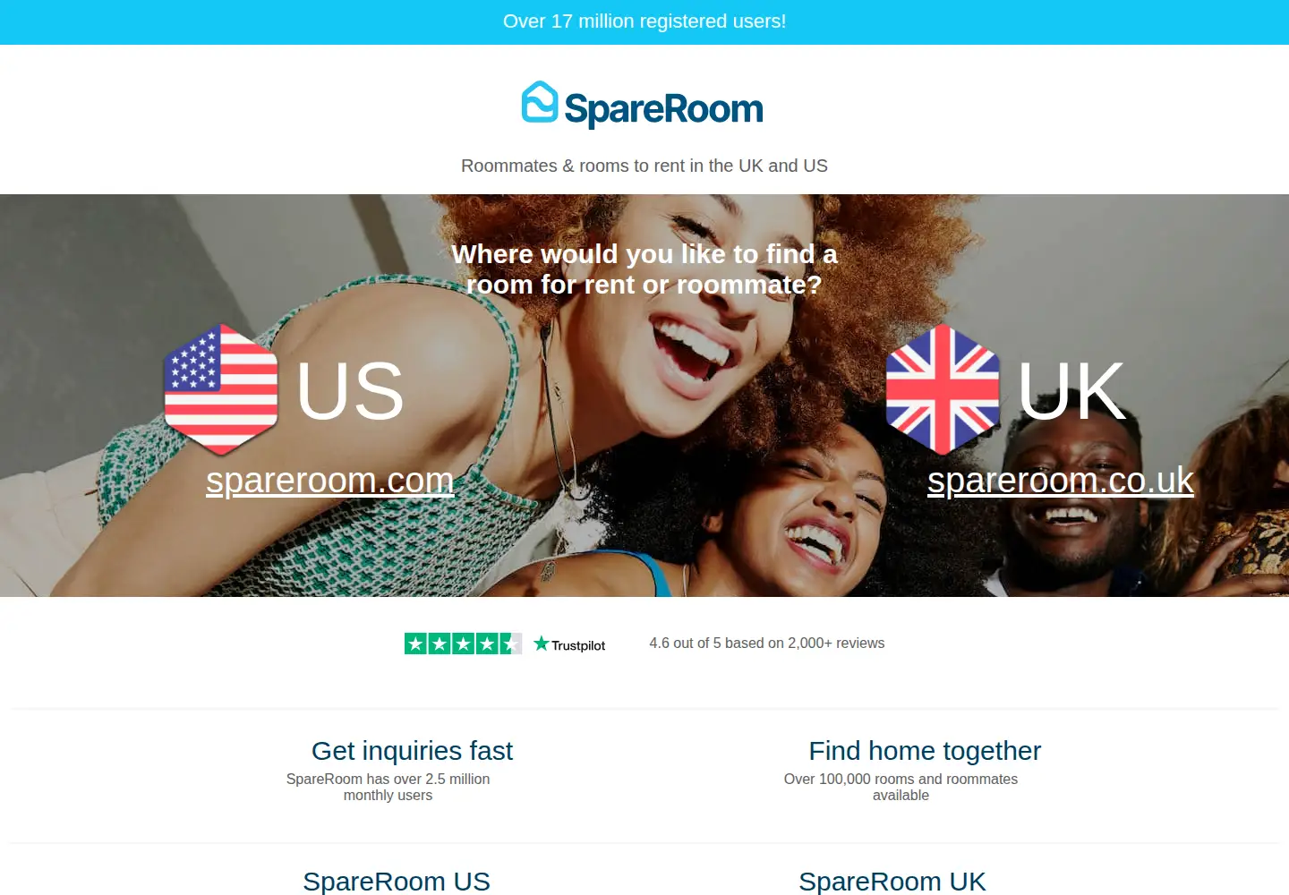 Captured homepage of spareroom.com in the current scan