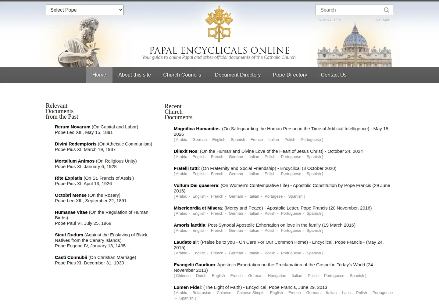 Captured homepage of papalencyclicals.net in the current scan