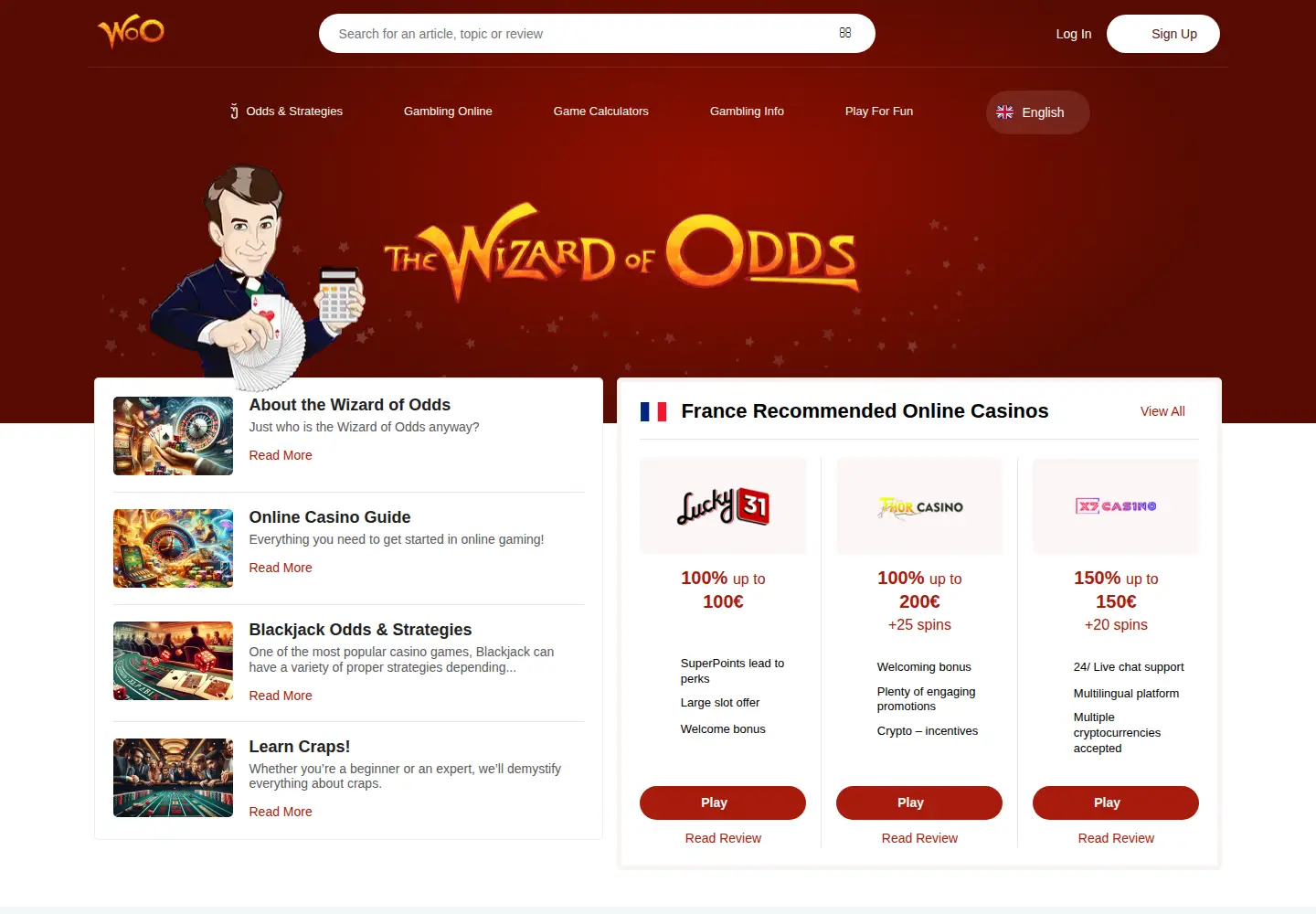 Screenshot of wizardofodds.com